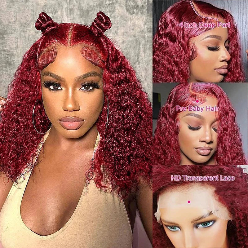 Burgundy Deep Wave Bob HD Lace Wig - Plushmane