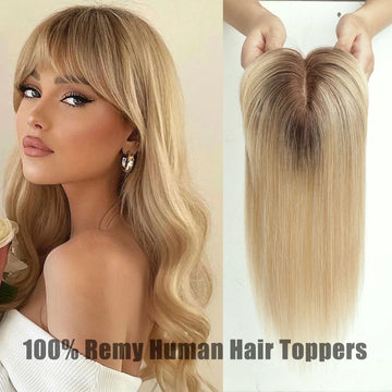 Blonde Human Hair Toppers with Bangs - Dark Root, Straight Remy Silk Base Clip-Ins